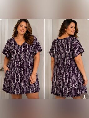 🩵NWT RENEE GREENSTEIN WOMEN W/CONTROL PYTHON PRINT PURPLE DRESS V NECKLINE, 2X